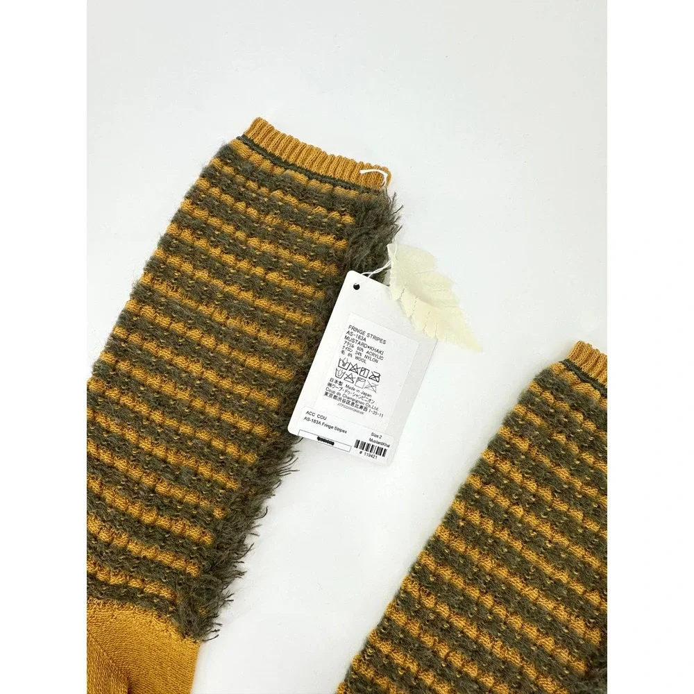 Antipast Fringe Striped Socks Mustard Khaki Wool Blend Made in Japan NEW